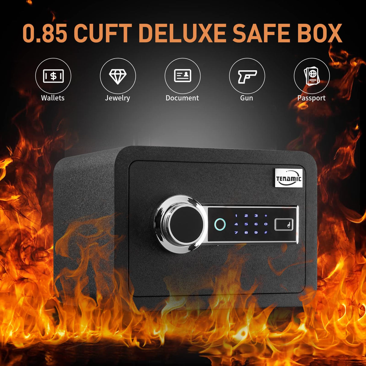 Tenamic Biometric Fingerprint Safe Box 0.85 Cubic Feet Fireproof Waterproof Safe Box with Induction Light and Leather, Solid Alloy Steel Office Hotel Home Cabinet Safe, Black Tenamic