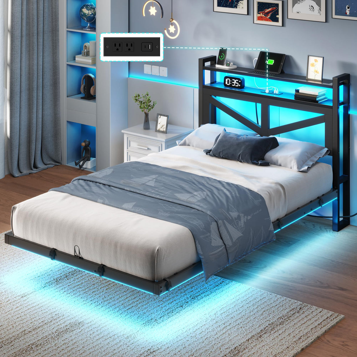 YITAHOME Twin Size Floating Bed Frame with USB Charging Station Storage Headboard and with Led Light, Heavy Duty Metal Platform Bed Frame, No Box Spring Needed, Easy Assembly and Noise Free, Black YITAHOME