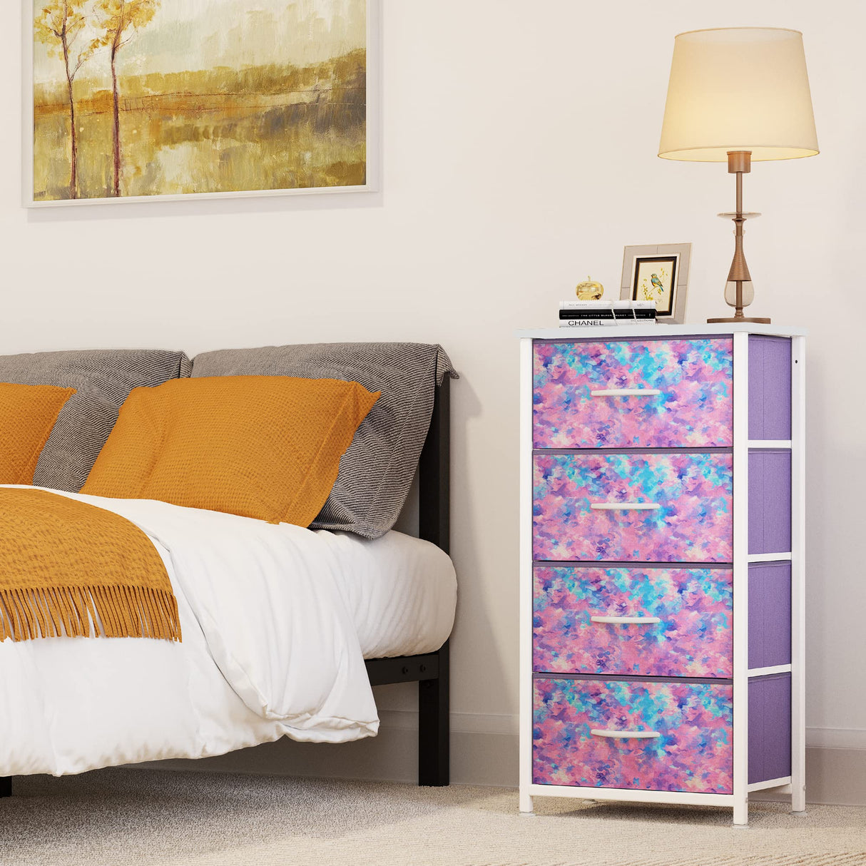 YITAHOME Purple Dresser with 4 Drawers - Storage Tower Unit, Kids Dresser for Bedroom, Living Room, Closets - Sturdy Steel Frame, Wooden Top & Easy Pull Fabric Bins YITAHOME
