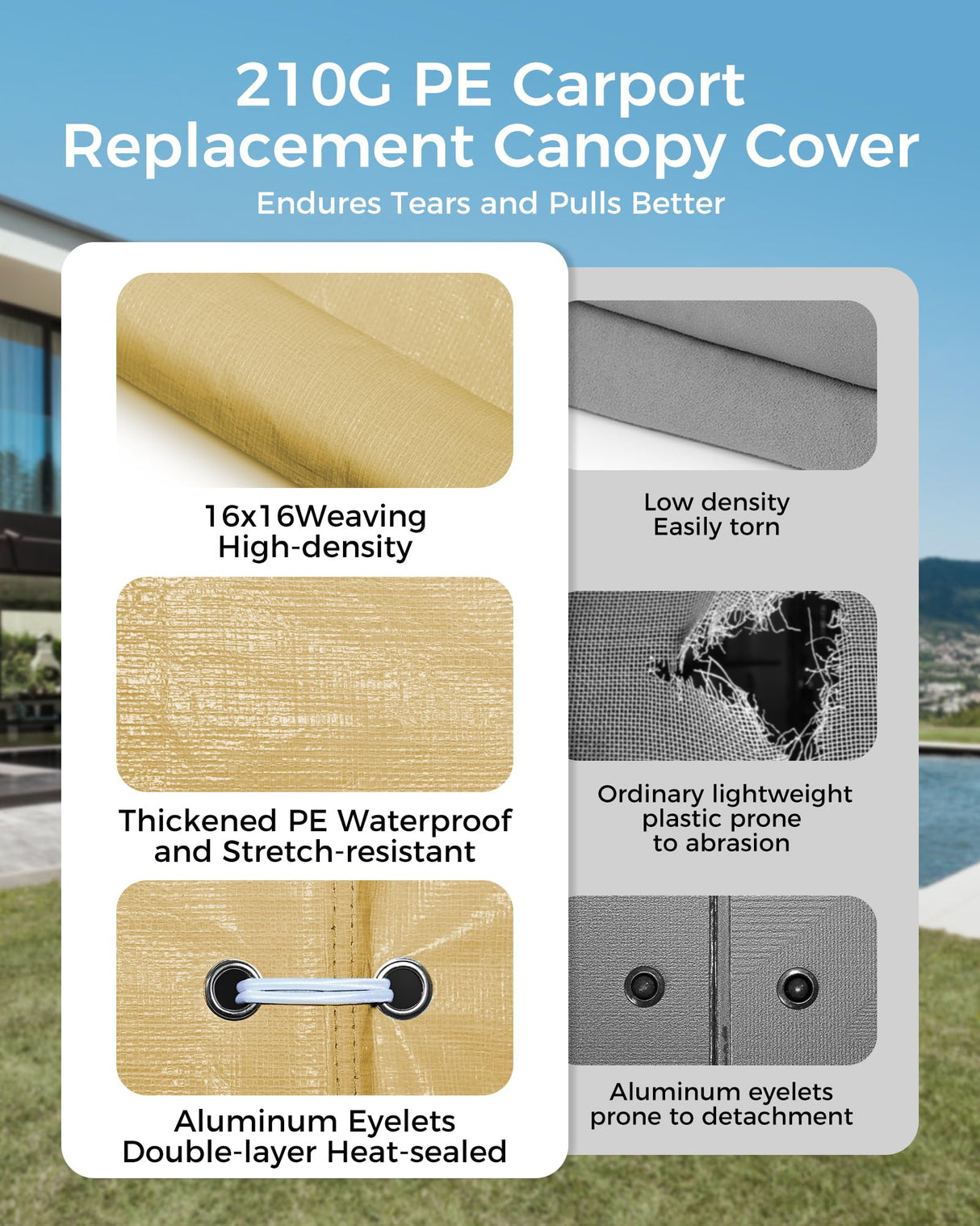 12x20 FT Heavy Duty Carport Replacement Canopy Cover, Durable Waterproof Garage Shelter Top, Car Tent for Outdoor Use, with Ball Bungees for Secure (Beige) Mars Explo