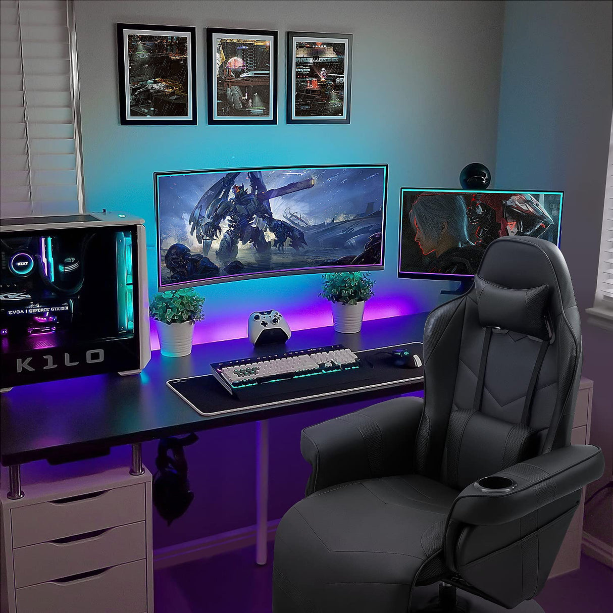 Homall Computer Racing Style Pu Leather Ergonomic Adjusted Reclining Video Gaming Single Sofa Chair with Footrest Headrest and Lumbar Support (Black) Homall