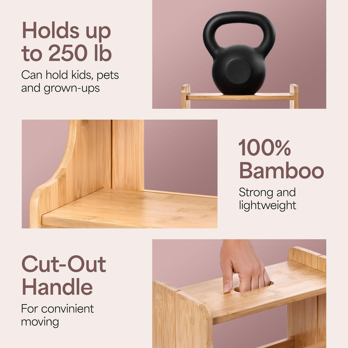 NIFTAKE Kids Step Stool, 250lb Capacity - Sturdy, Safe and Durable, Toddler Step Stool for Toddlers, Bamboo Toddler Stool, Potty Training, Kitchen Wooden Stepping Stool with Auto Light (Natural) NIFTAKE