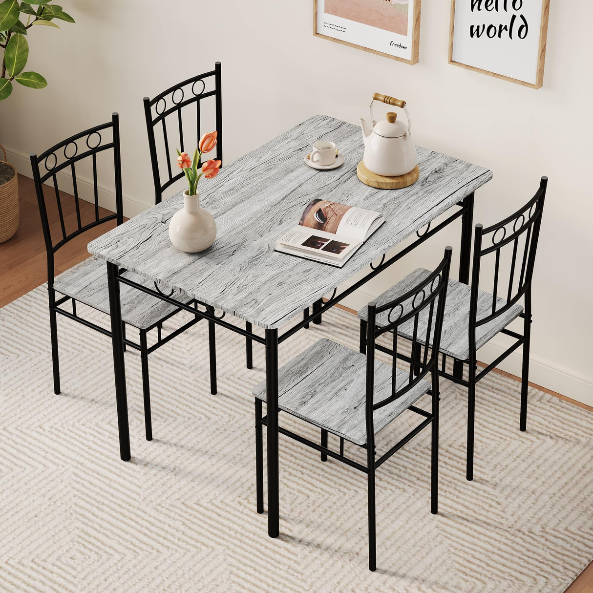 Vipbear Kitchen Dining Table Set for 4, 5-Piece Kitchen Table Set,Dining Room Table Sets,Rectangular Kitchen Table Set with 4 Chairs for Small Space, Dinette,Apartment,Rustic Grey Vipbear