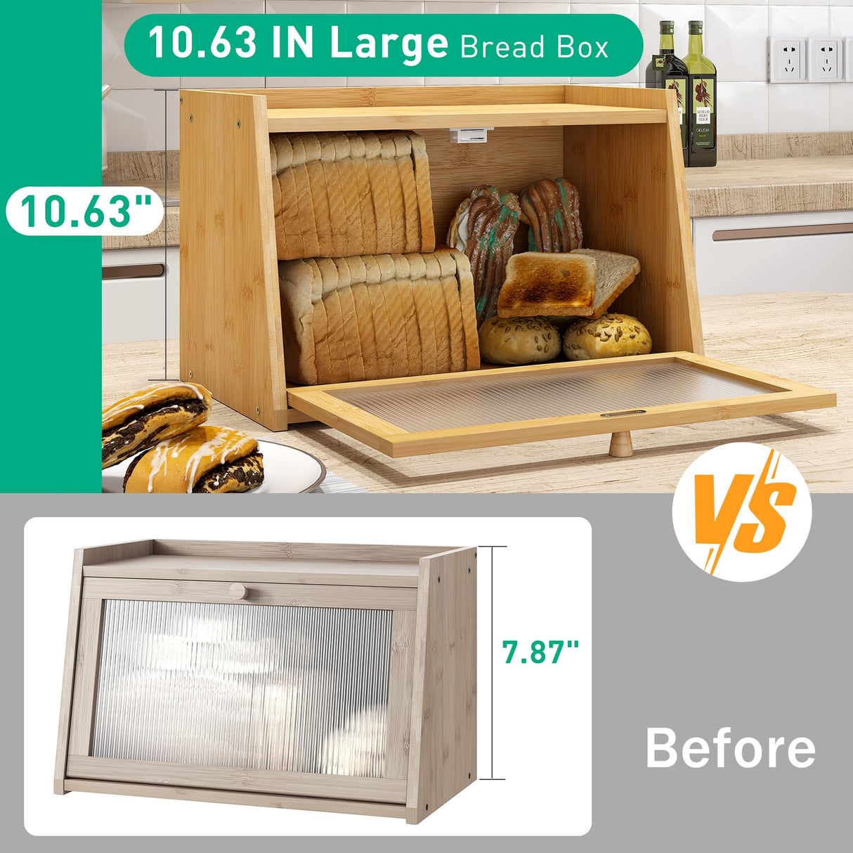 kiplant Bread Box for Kitchen Counter, Large Bamboo Bread Storage Container with Wavy Arcylic Transparent Door, Bamboo Wooden Farmhouse Bread Box for Your House (Natural) kiplant