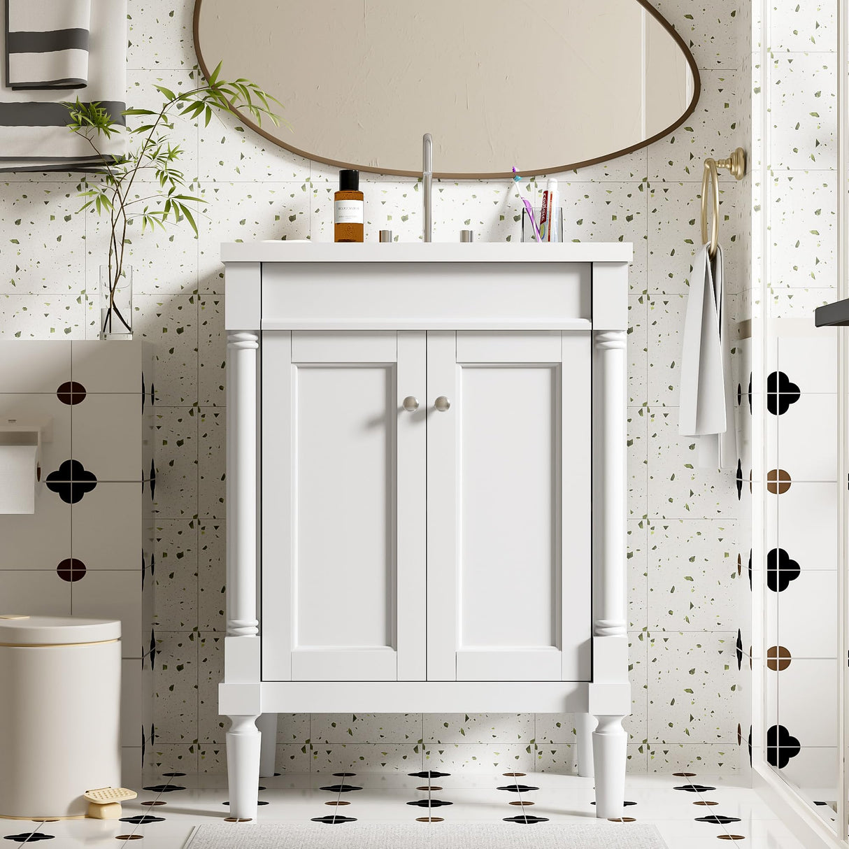 Merax 24” Bathroom Vanity with Sink, Powder Room Small Bathroom Vanity with 2-Door Cabinet, Undermount Sink, Solid Wood Frame Bathroom Storage Cabinet (White) Merax