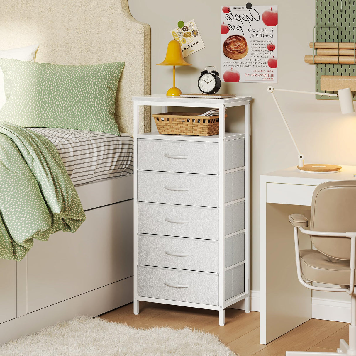 Huuger White Dresser with 5 Drawers & Charging Station, Tall Dresser for Bedroom, Tall Night Stand with PU Leather Finish, Open Shelf, Nightstand for Bedroom, Closet, Hallway, Entryway Huuger