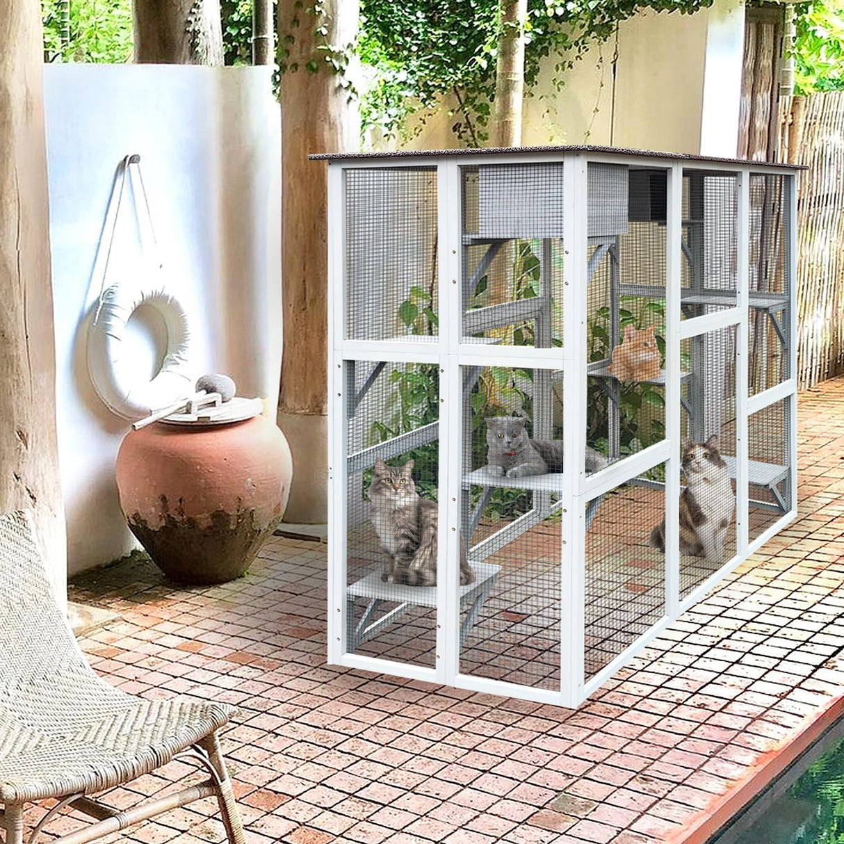 KELRIA 71 Inch Wooden Catio Outdoor Cat Enclosure, Large Cat House with 8 Jumping Platforms, 2 Napping Houses & Weatherproof Asphalt Roof, Walk-in Kitty Condo Shelter Playpen for Multiple Pets, White KELRIA