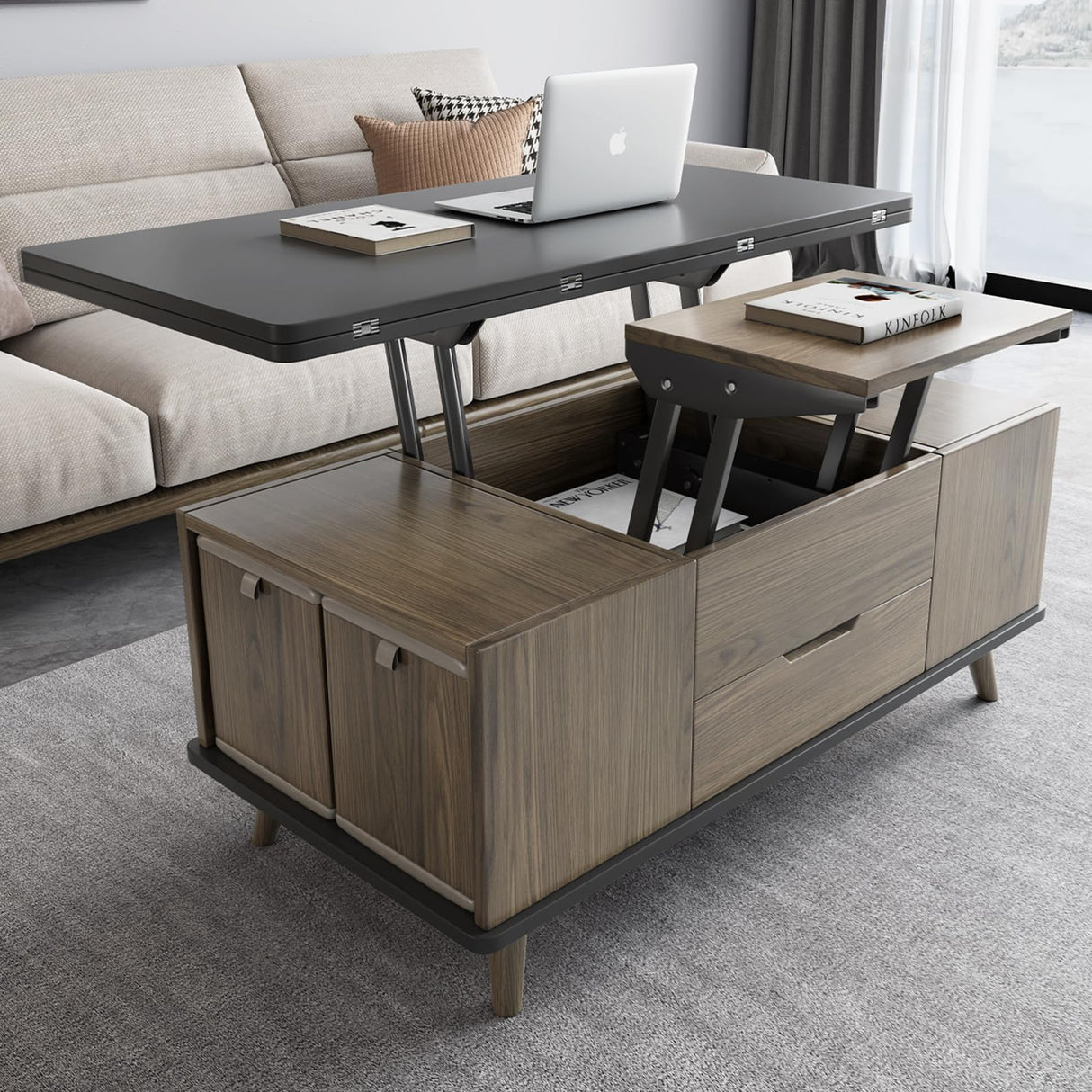 Guyii 38.97" Lift-Top Coffee Table with 4 Stools, 3-in-1 Multi-Functional Center Table, Expandable Dining Table for Living Room, Lift Tabletop Coffee Table with Hidden Storage Compartment, Grey Guyii