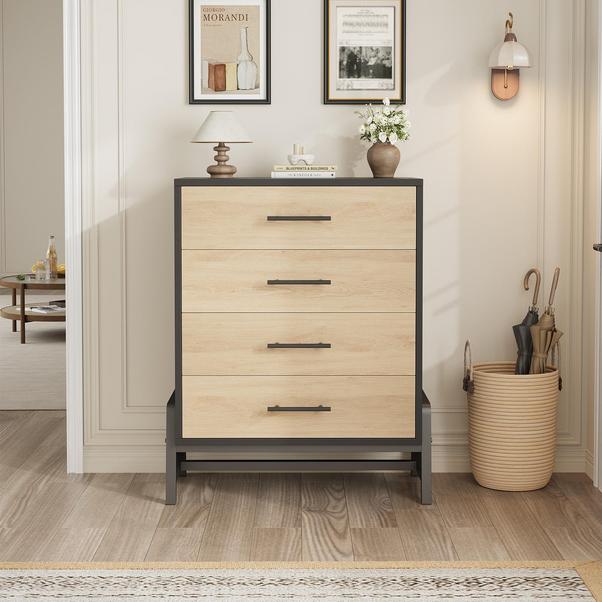GarveeHome 4 Drawer Dresser for Bedroom, 38.6" Tall Chest of Drawers, Freestanding Wooden Storage Dresser with Deep Drawers and Chic Legs for Closet, Living Room, Entryway, Natural+Black GarveeHome