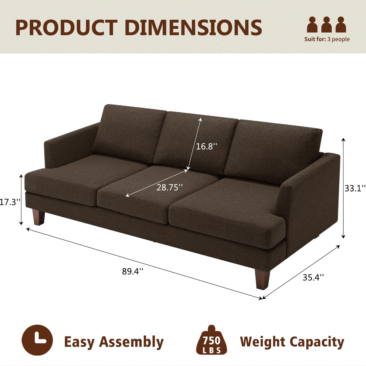 Busaurus 3 Seater Sofa Couch with Deep Seats, 89" Mid Century Modern Upholstered Sofa with Armrests, Comfy Couches for Living Room, Bedroom, Apartment and Office (Brown) Busaurus
