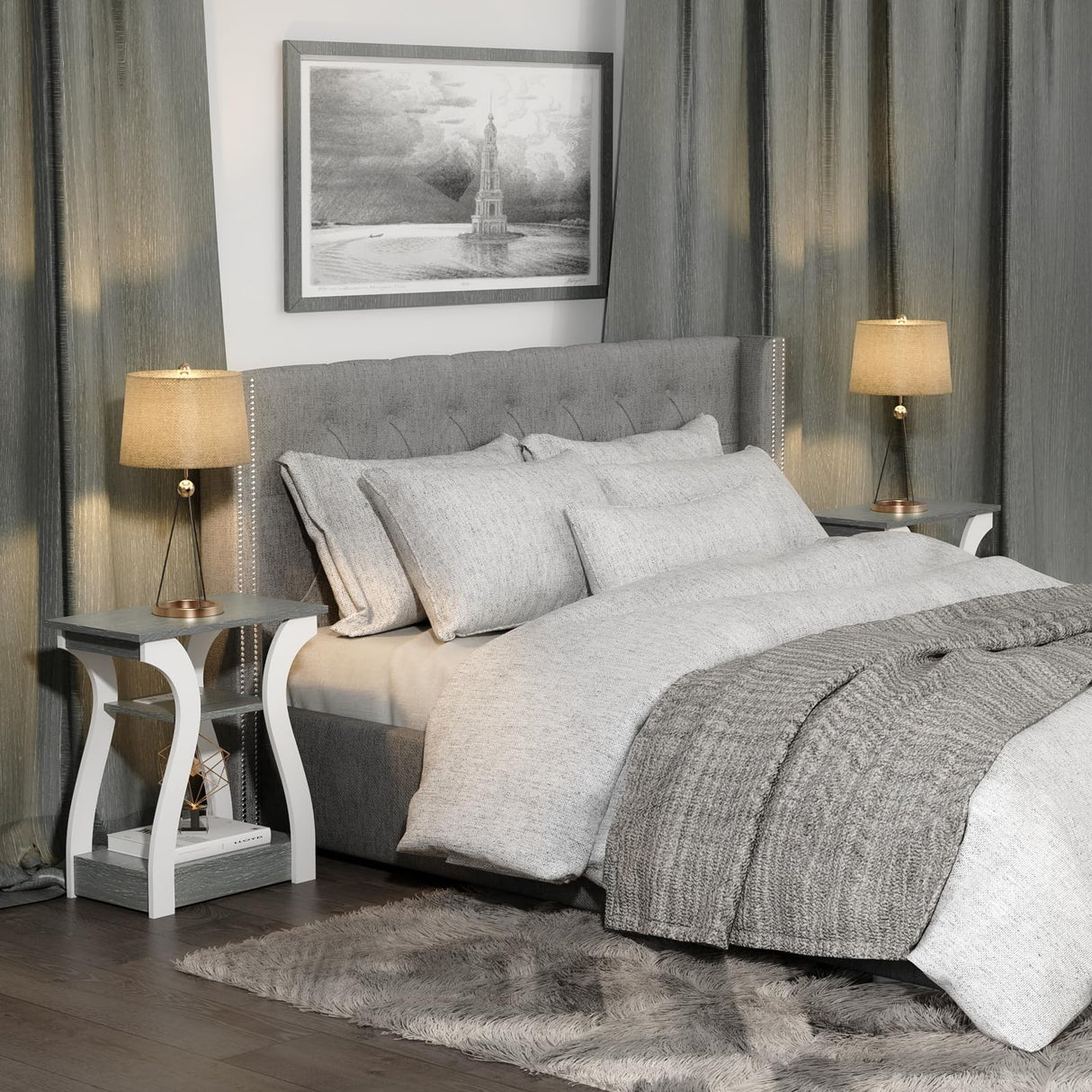 FROMJBEST End Table Set of 2 with Charging Station, Side Table with USB Ports and Outlets, Nightstand, 3 Tier End Table with Storage Shelf for Living Room, Bedroom (Grey Set of 2) FROMJBEST