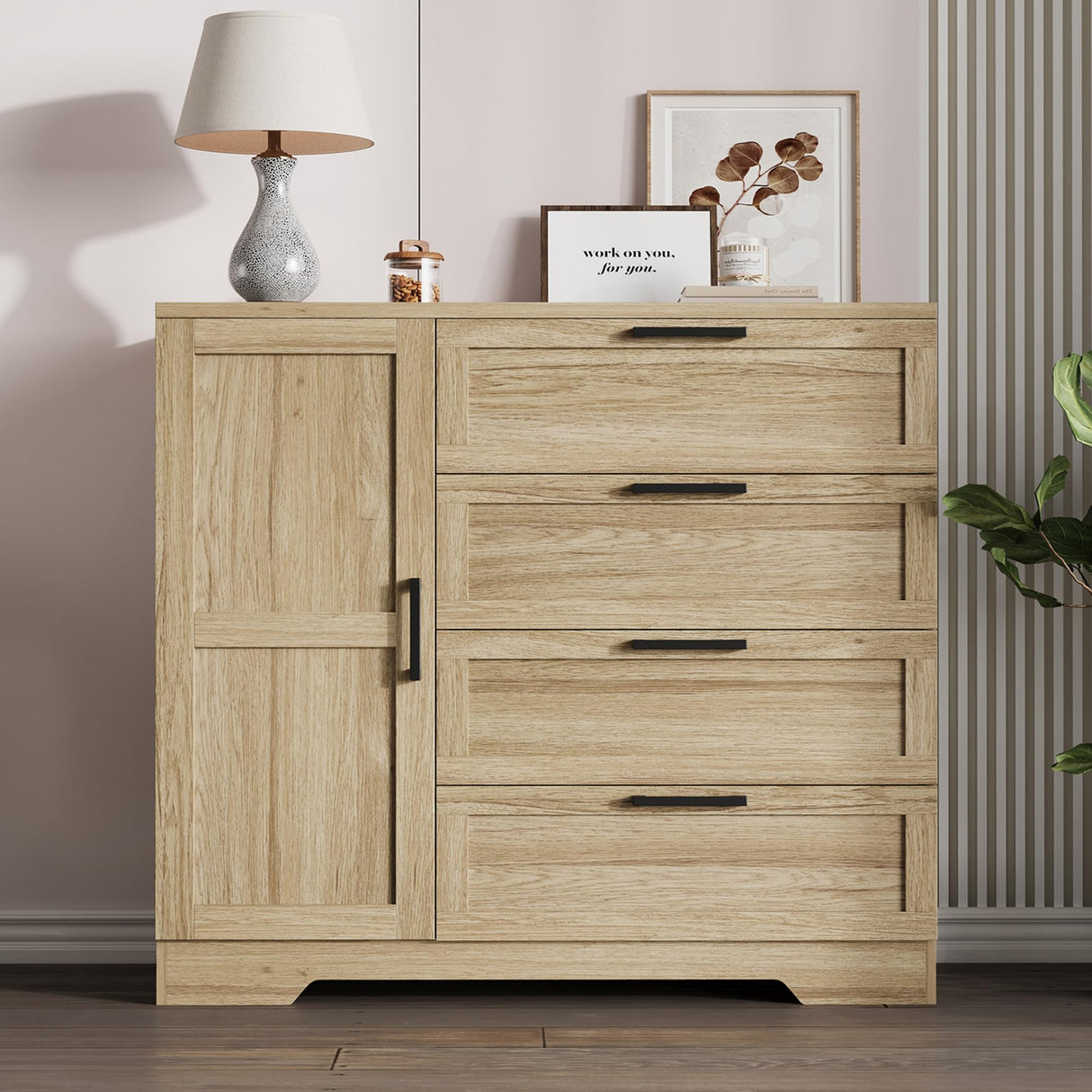 IDEALHOUSE 43.3'' H Armoire Wardrobe Closet with 4 Drawers and Hanging Rod, Multifunctional Wood 4 Drawers Dresser with Storage Closet, Clothing Storage Cabinets for Bedroom, Natural Oak IDEALHOUSE