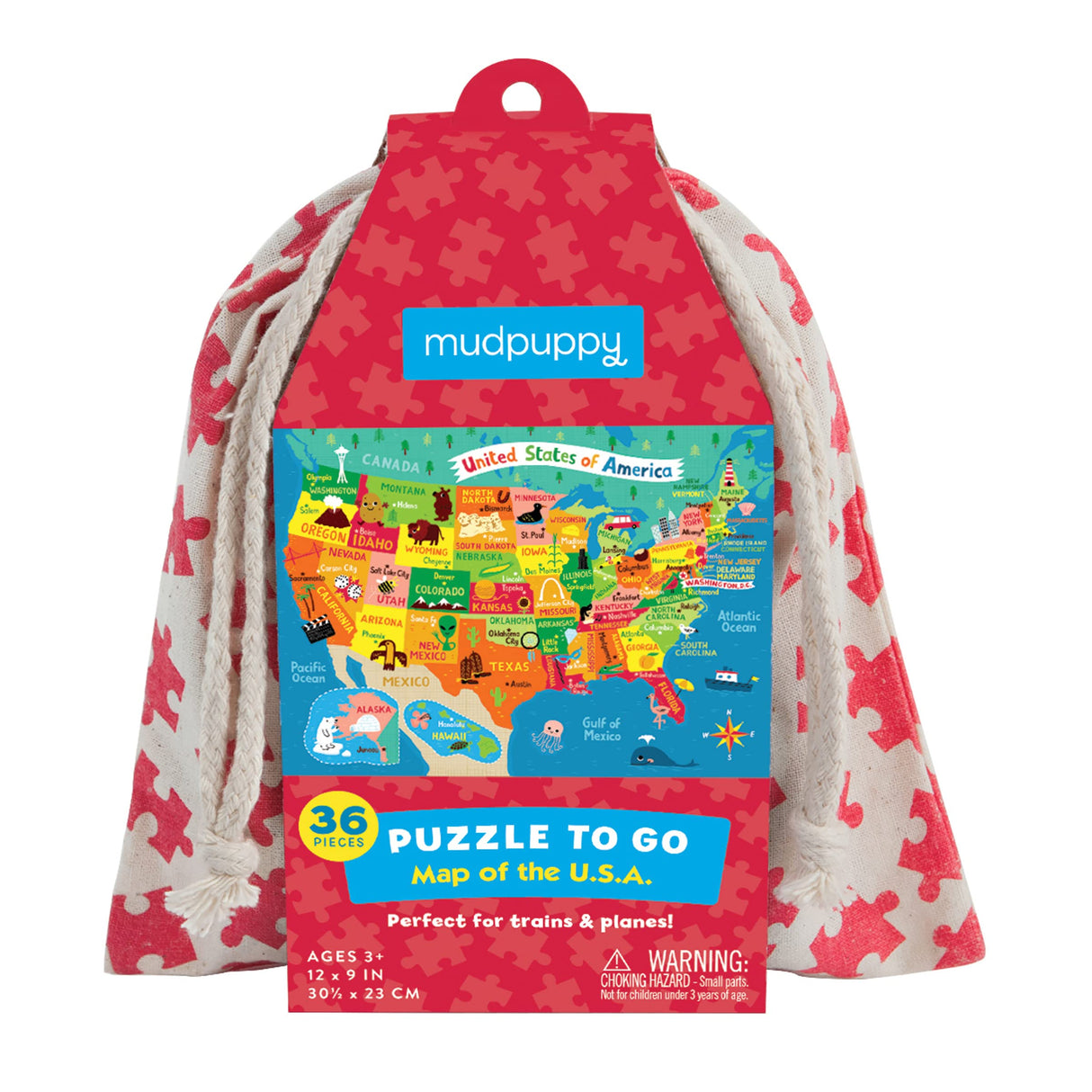 Mudpuppy Map of The U.S.A. to Go Puzzle, 36 Pieces, Ages 3+, Convenient Travel-Friendly Bag, Made with Safe, Non-Toxic Materials Mudpuppy