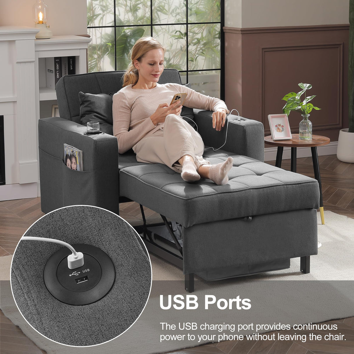 DURASPACE 39 Inch Sleeper Chair 3-in-1 Convertible Chair Bed Pull Out Sleeper Chair Beds Adjustable Single Armchair Sofa Bed with USB Ports, Side Pocket, Cup Holder (Dark Gray Linen) DURASPACE