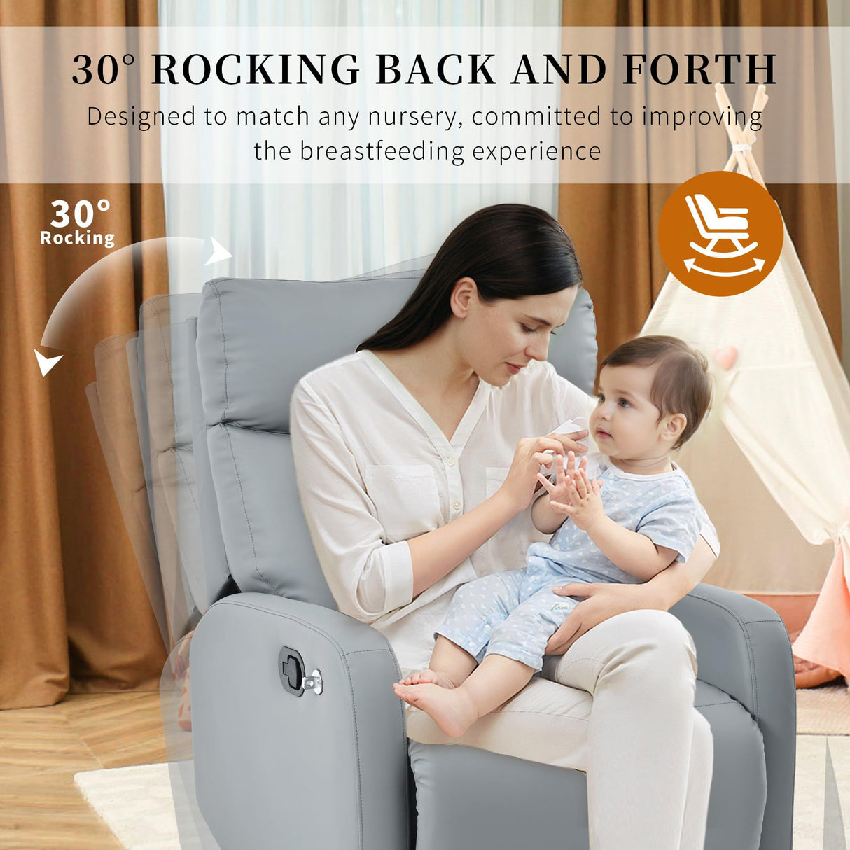 CHSICFOR Manual Swivel Recliner Chair,Nursery Reclining Sofa Chair with Lumbar Support, Adult Soft Padded Faux Leather Glider Recliner with 360° Free Rotation,Removable Phone Holder,Blue Gray CHSICFOR