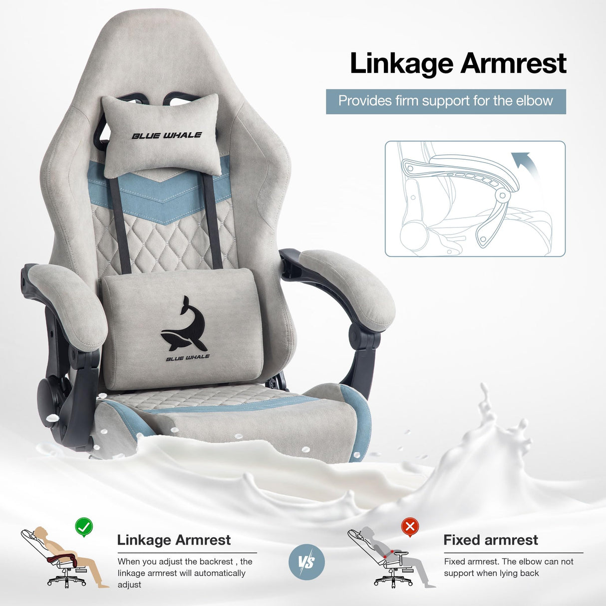 Blue Whale Gaming Chair for Adult 350lbs Computer Chair with Adjustable Lumbar Support Headrest and Footrest Large Size Reclining Gaming Chair Big and Tall Linkage Armrest Computer Chair Grey Blue Whale