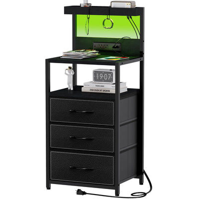 SZLHANJZ LED Nighstand with Charging Station, Dresser Nightstand with 3 Drawers and LED Lights, Storage Side Table with 3 Shelf and Hooks, Bedroom End Table for Bedside, Modern Black