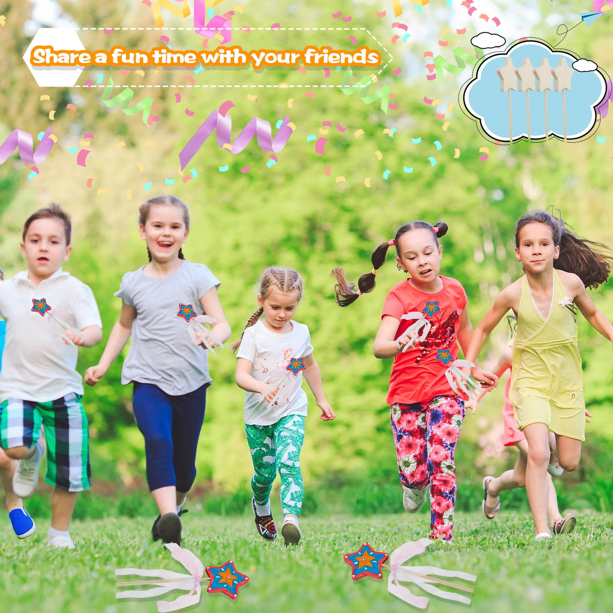 89 Pcs Make Your Own Wooden Princess Wand DIY Fairy Wands Kit Include 30 Pcs 3D Wooden Star Wands 7 Gem Stickers 40 Ribbons 12 Painting Props for Painting Crafts Birthday Party Supplies Gifts Plukeen