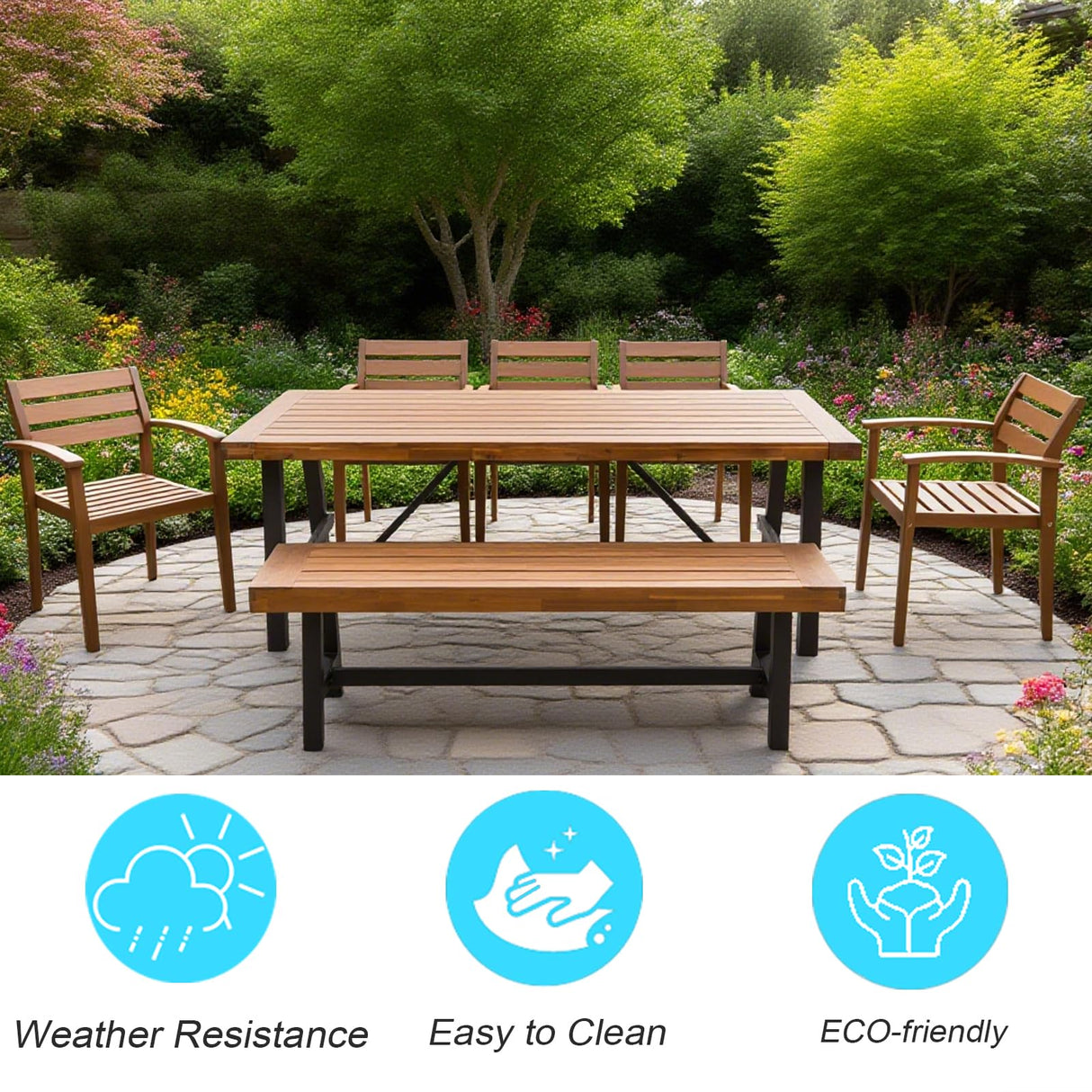 Goldshire 7 Pieces Outdoor Dining Set, 1 Acacia Wood Patio Table & 1 Bench & 5 Chairs for 7-8 Persons with Removable Cushions for Indoor Yard Garden Goldshire