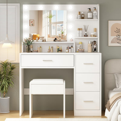 OTOQS Makeup Vanity Desk with Mirror and Light,Dressing Table Set with 3 Color Modes LED Lights,Large and Three Level Storage Dresser, for Bedroom Dressing Room,White