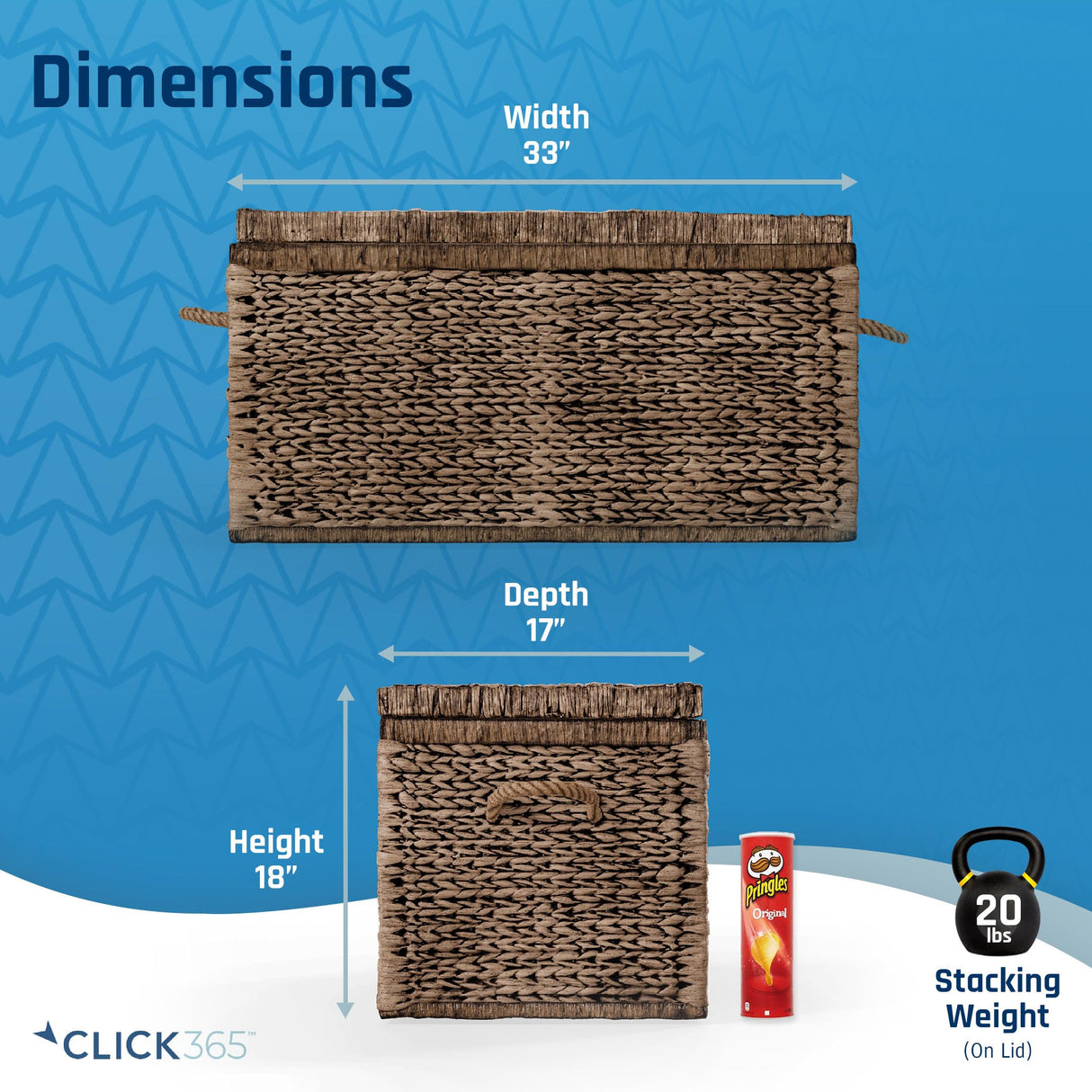 Click365 Storage Trunk, Farmhouse Style, Extra Large (33”), Deep, Woven Wicker Chest With Metal Frame, 2 Handles, Flip Top Lid and Stay Open Safety Hinges, Sustainable Eco Material, Rustic Brown ClickDecor