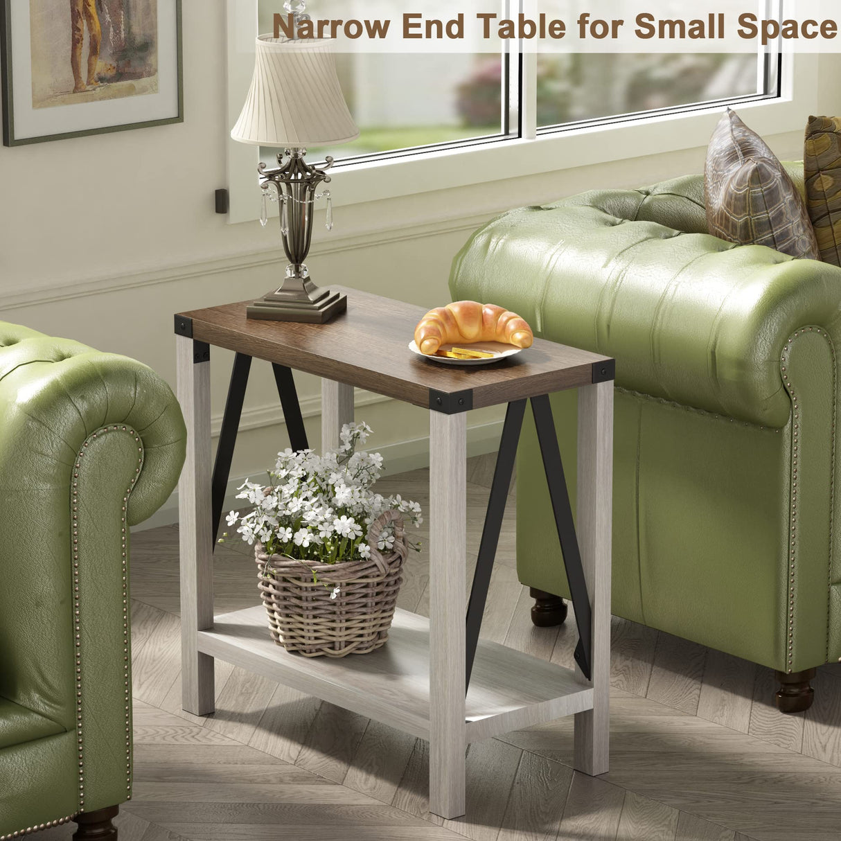 ChooChoo Farmhouse End Table for Small Spaces, Narrow Side End Table with Storage Shelf, Rustic A-Design Nightstand Sofa Table for Living Room, Bedroom (White & Brown) ChooChoo