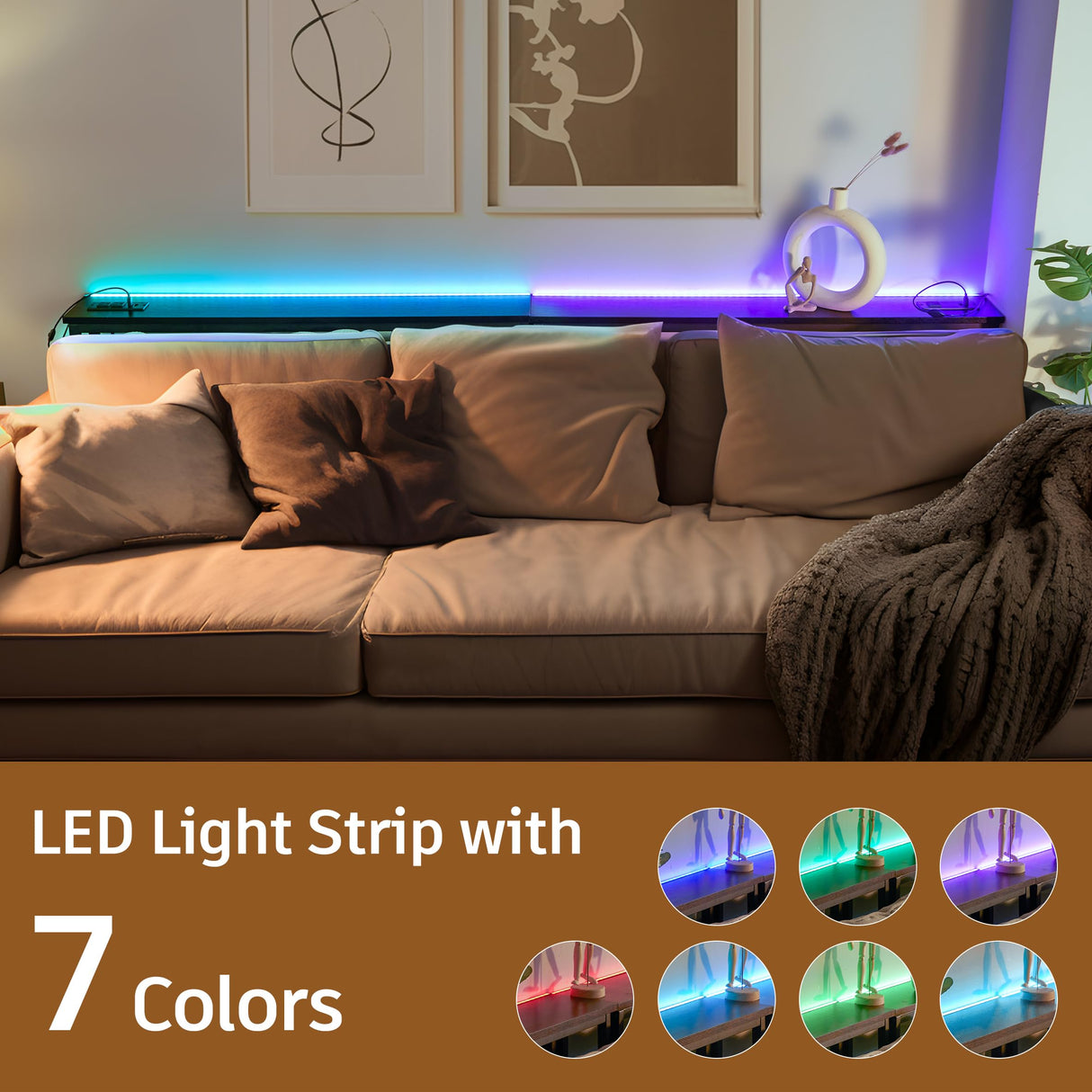 ELYKEN 2 Pack 5.9" Narrow Console Sofa Table with 7 Colors LED Light Strip, 5.9" Dx39.4”Wx31.1”H Long Behind Couch Table with Charge Station, Skinny Table Metal Frame 6.5’ Extension Cord ELYKEN