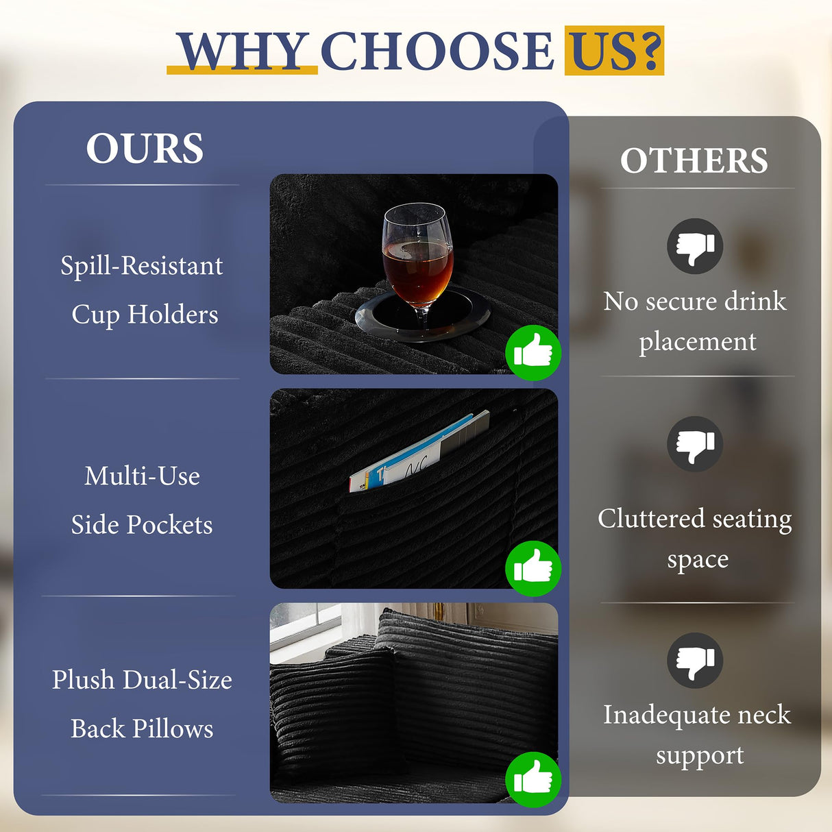 133" Oversized Couches for Living Room Modern Sectional Couch for Living Room Corduroy Boneless Couchs Comfy Cloud Couch Flexible Modular Sectional Sofa (Black, with Cup Holder) KOPSEE