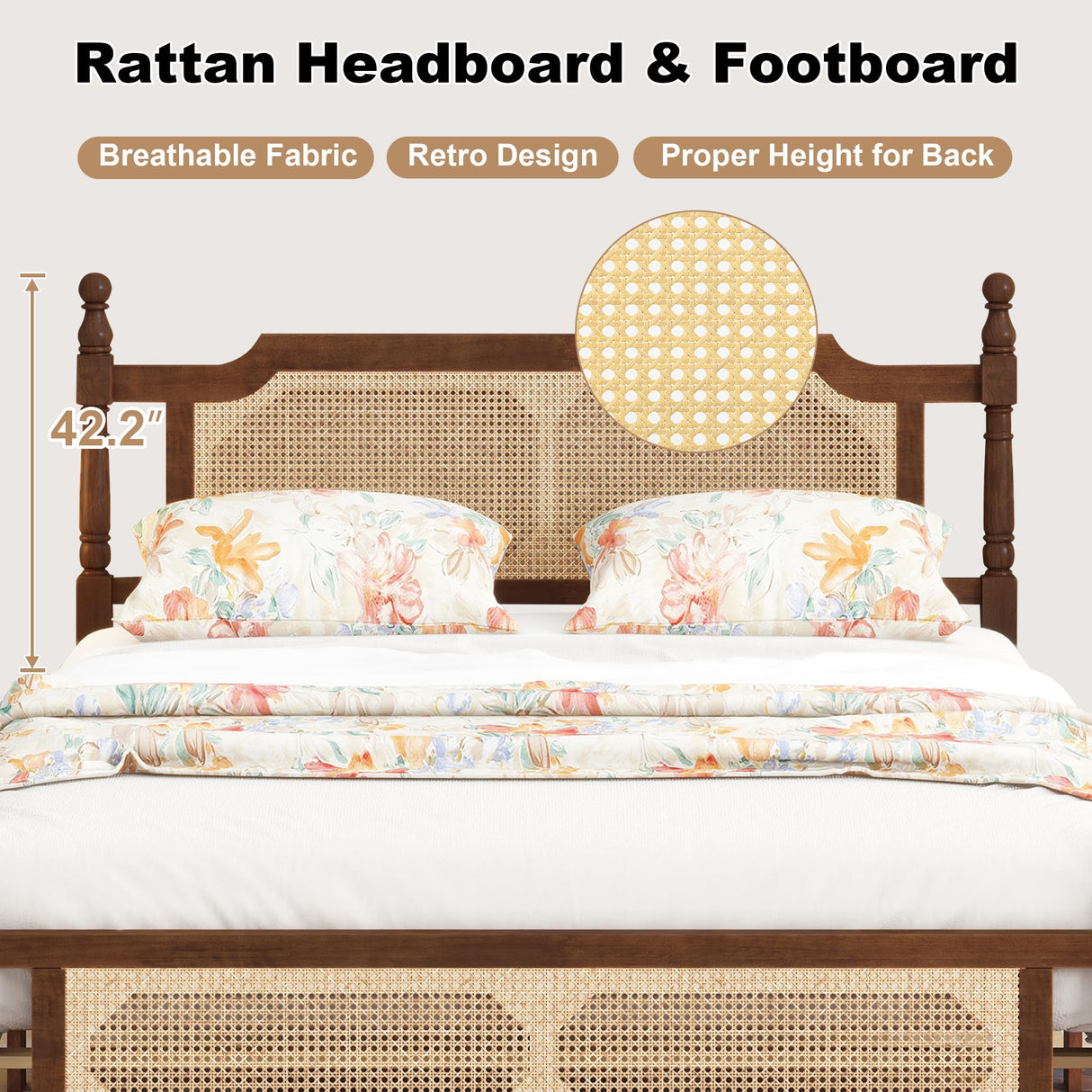 SmartEdge Queen Size Rattan Bed Frame, Wood Platform Bed with Rattan Headboard and Footboard, Antique Queen Boho Bed Frame with Storage Underneath, No Box Spring Needed, Walnut SmartEdge