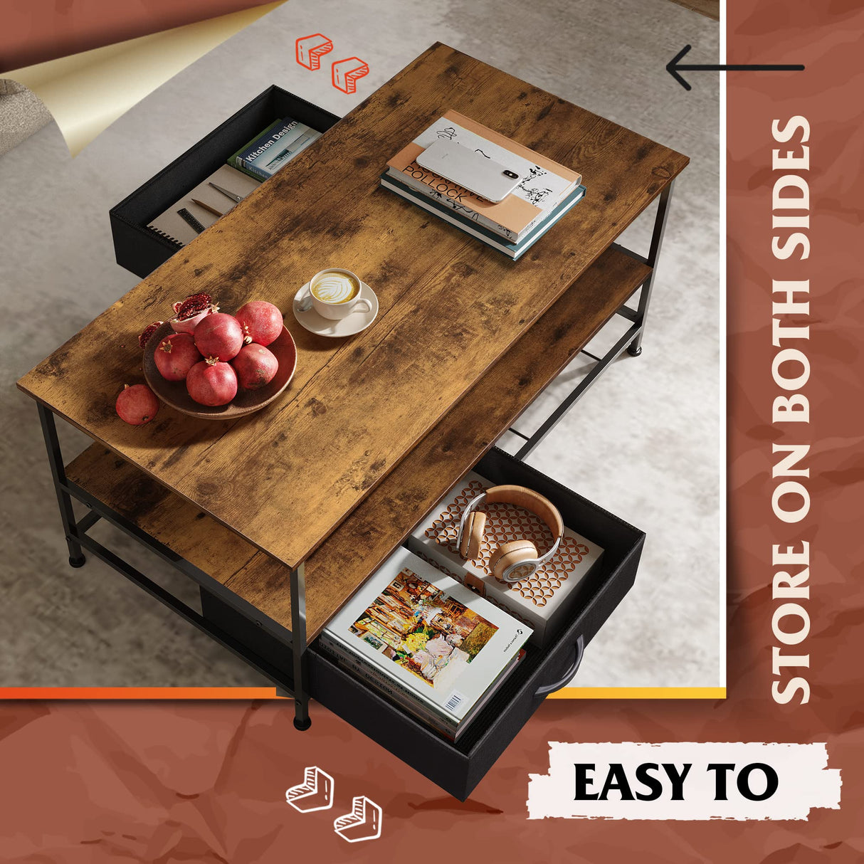 WLIVE Coffee Table with Storage, 2-Tier Rectangle Wood Coffee Table for Living Room, Modern Industrial Center Table with 2 Drawers and Open Shelf, Living Room Table for Home, Office, Rustic Brown WLIVE