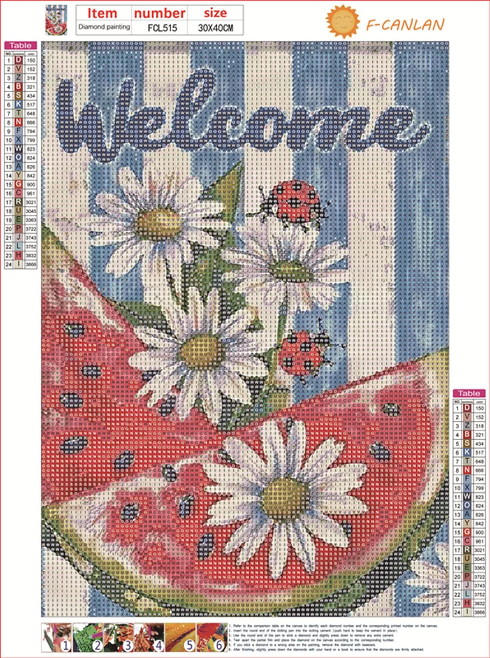 F-CANLAN Round Full Drill Diamond Painting Set, 5D DIY Welcome Diamond Painting Crafts Kit Watermelon Daisy Diamond Painting with Gem for Adult Children Paint with Diamonds Room Decor (12X16 inches) F-CANLAN