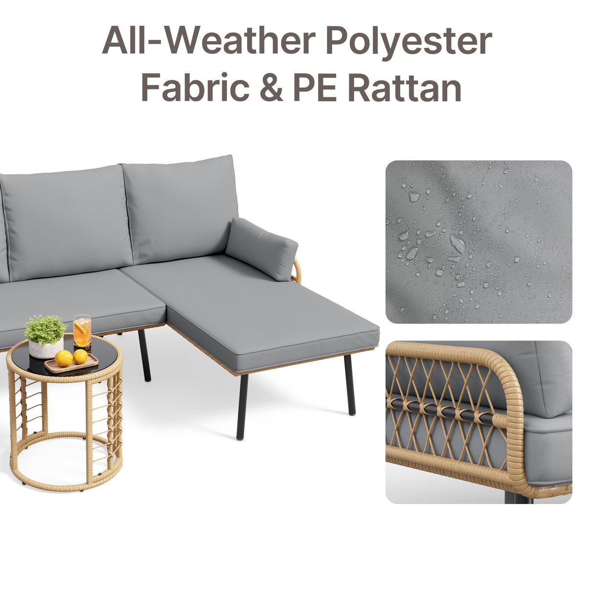 Gizoon Outdoor Patio Furniture Set, Wicker Rattan L-Shaped Conversation Sectional Sofa Set with Thick Cushions, Detachable Lounger and Side Table for Backyard, Porch, Balcony, Pool (Grey) Gizoon