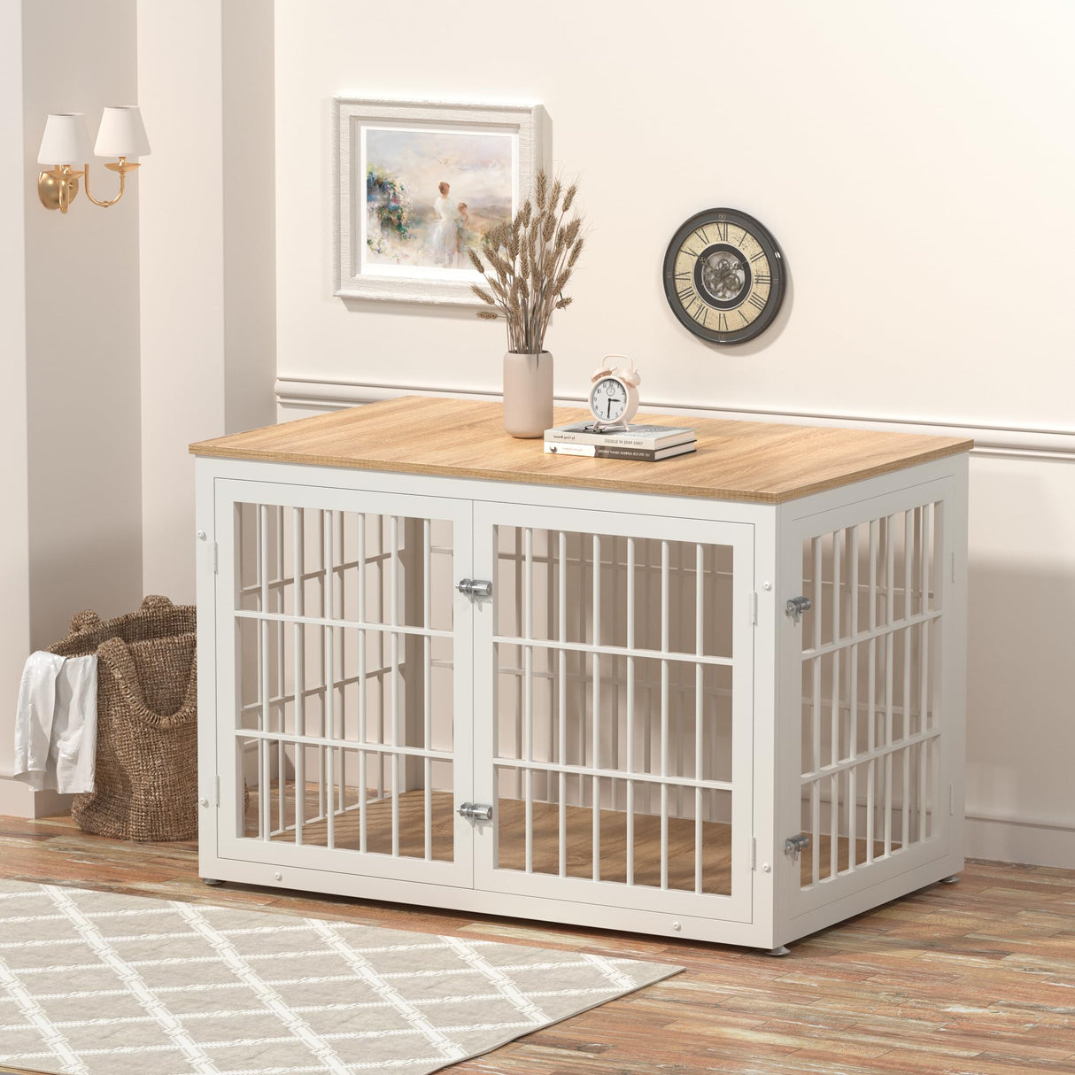 rehomerance Rustic Heavy Duty Dog Crate Furniture for Extra Large Dogs, Decorative Pet House End Table, Wooden Cage Kennel Furniture Indoor, XL, White and Natural rehomerance