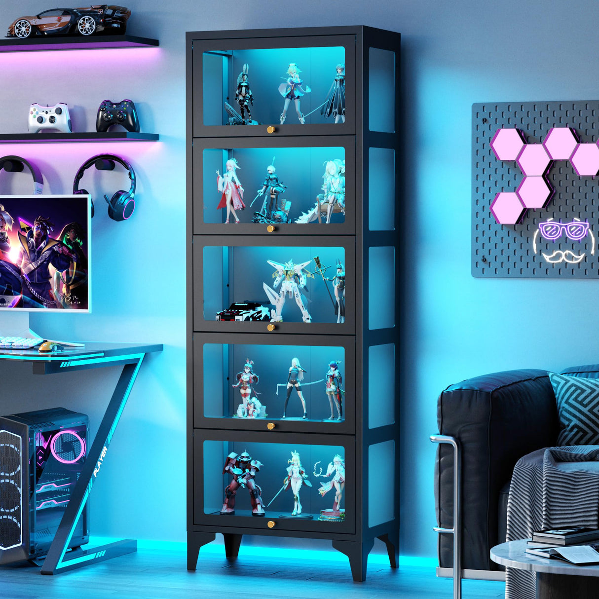 Lucky Monet 5 Tier Curio Display Cabinet with 13-Color LED Lights & Flip-Up Glass Doors, 3-Side Glass Lighted Display Case for Collectibles, Figures, Books, 67" Metal Storage Cabinet, Black Lucky Monet