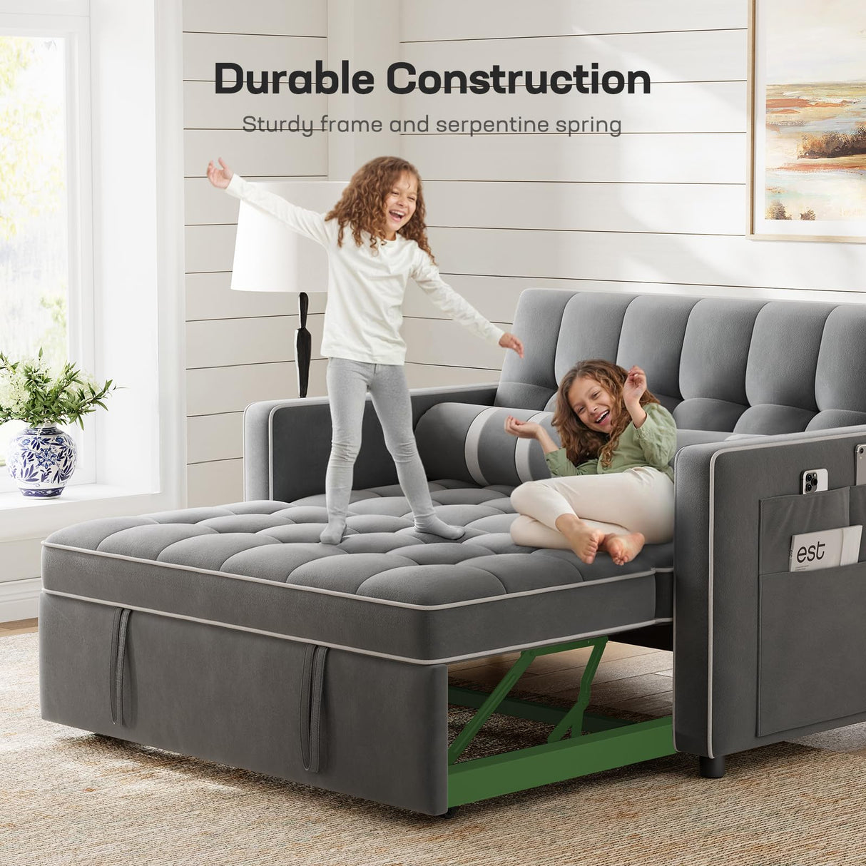 Marsail 3-in-1 Convertible Futon Sofa Bed with USB Charging Port & Adjustable Backrest, Velvet Loveseat with Side Pockets, Pull Out Sleeper Couch Suitable for Small Spaces, Grey Marsail