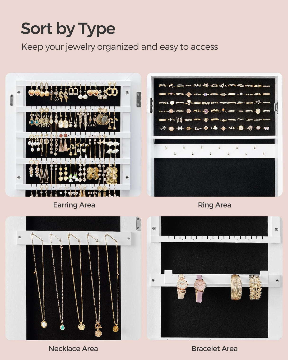 SONGMICS Mirror Jewelry Cabinet Armoire, Standing Full-Length Mirror, Lockable Jewelry Organizer, Gift Idea, White Surface and Black Lining UJJC69WT SONGMICS