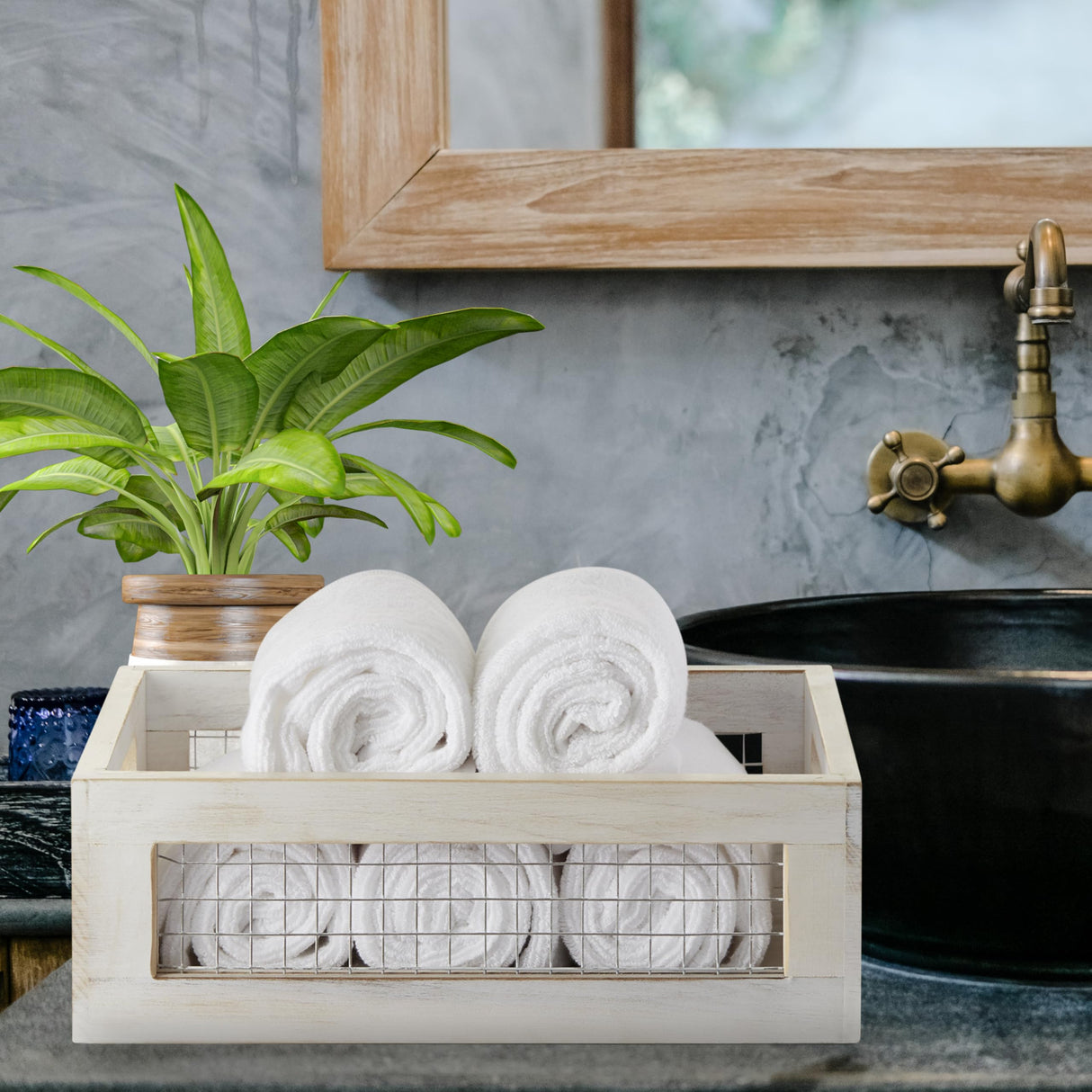 NAGAWOOD Wooden Countertop Baskets Set of 2 for Kitchen, Bathroom, Pantry|Wall Mount Upgrade with Full Accessories| Rustic Nesting Boxes|Wooden Organizer Crates for Fruit, Vegetables, Produce, Bread NAGAWOOD