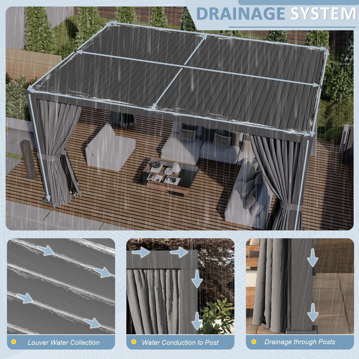 Aoxun Louvered Pergola 12' x 16' Outdoor Aluminum Pergola Adjustable Roof, with Waterproof Curtains and Nets, for Decks, Gardens, Gray Aoxun