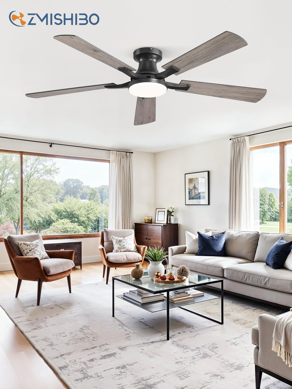 ZMISHIBO 52 Inch Ceiling Fan with Light, App&Remote Control, Flush Mount Low Profile, Dimmable 20W LED Light, Quiet Reversible Motor for Bedroom, Living Room, Apartment, Black ZMISHIBO