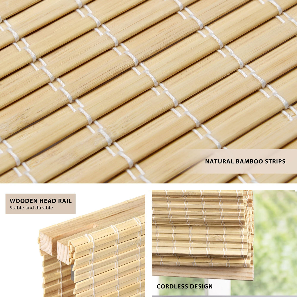 LazBlinds No Tools No Drill Cordless Bamboo Roman Shades, Privacy Room Darkening Window Treatment, Roll Up Bamboo Blinds for Window 32'' W x 64'' H, DP-Natural LazBlinds