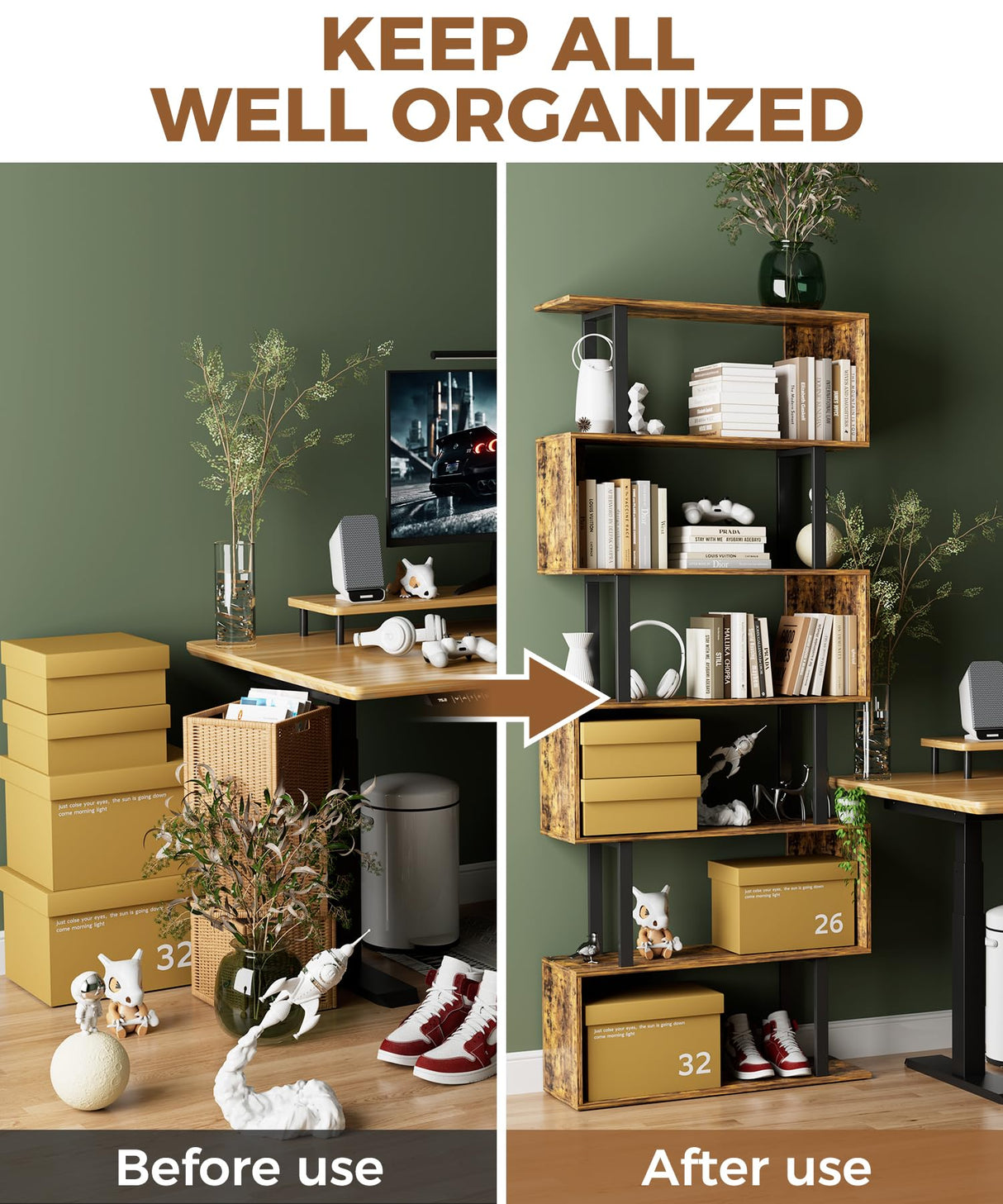 Gadroad 6 Tier Geometric Bookcase,S Shaped Bookshelf, Wood Decorative Storage Shelving, Modern Freestanding Display Shelves, Tall Book Shelf Unit for Living Room Bedroom, Rustic Brown Gadroad