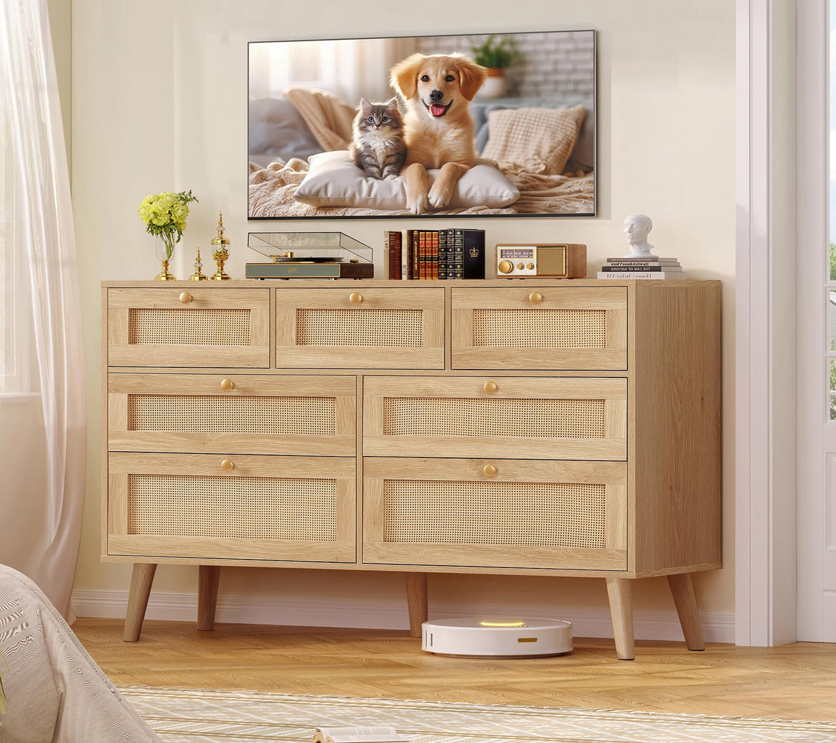 TEENFON 47.2''Wide 7 Drawer Rattan Dresser, Boho Dresser for Bedroom, Chest of Drawers, Closet Organizer, Natural Wood Dressers Chest for Bedroom, Living Room, Entryway, Natural TEENFON