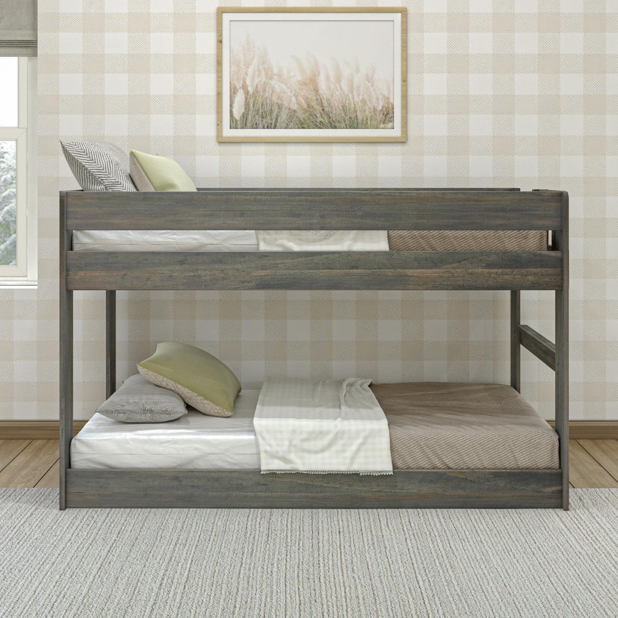Max & Lily Modern Farmhouse Low Bunk Bed, Twin-Over-Twin Bed Frame For Kids, Driftwood Max & Lily
