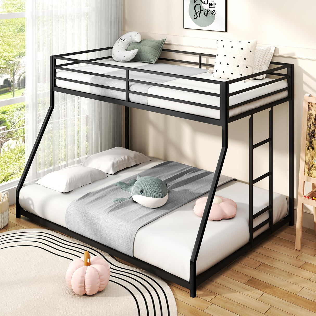 Zevemomo Twin Over Full Size Bunk Bed, Metal Low Profile Bunkbeds with Full-Length Guardrail and Ladder, Space Saving, No Boxing Spring Needed, Black Zevemomo