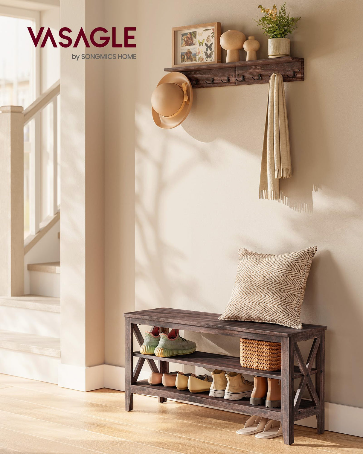 VASAGLE, Entryway Storage Bench, 2-Tier Shoe Rack, 11.8 x 39.4 x 18.9 Inches, Holds up to 600 lb, Farmhouse Style, for Living Room, Bedroom, Maroon Brown ULSB153K51 VASAGLE