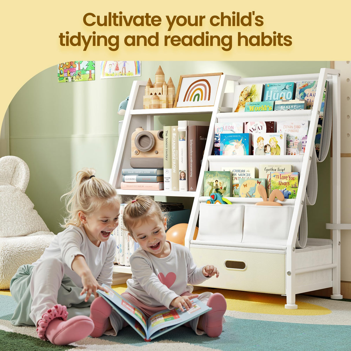 Kids Bookshelf and Toy Storage Organizer: White Book Shelf for Kids Room with Drawer to Storage Books and Toys Organizer - 3 Tire Toddler Bookshelf with 3 Side Pockets for Nursery, Bedroom, Playroom GoTiling