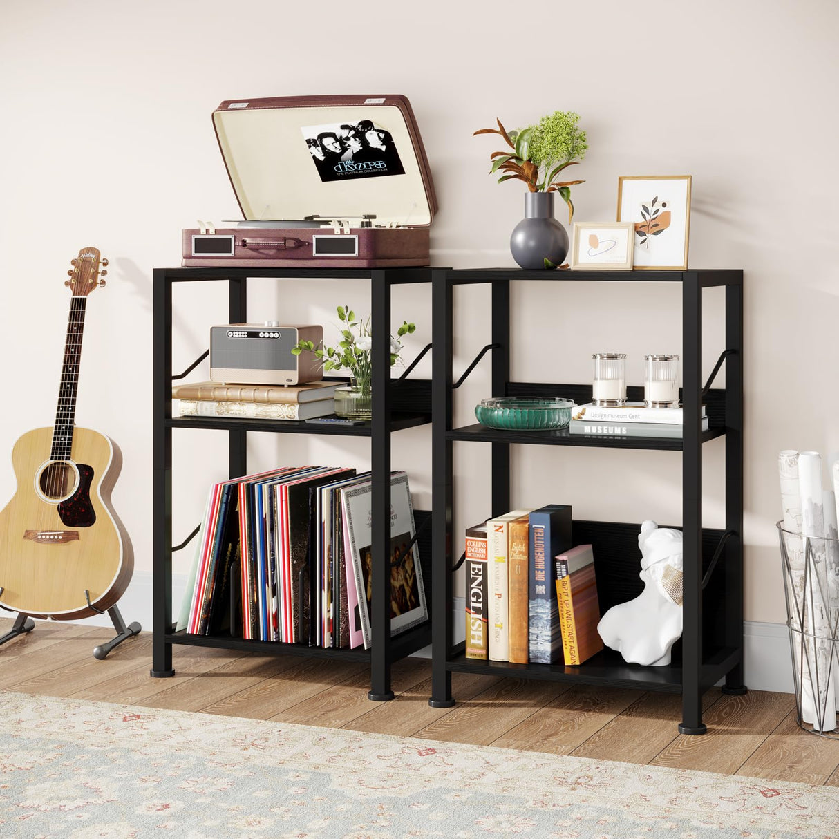 Hosfais 3-Tier Record Player Stand - Retro Vinyl Record Storage End Table Records for Living Room Bedroom (Black) Hosfais