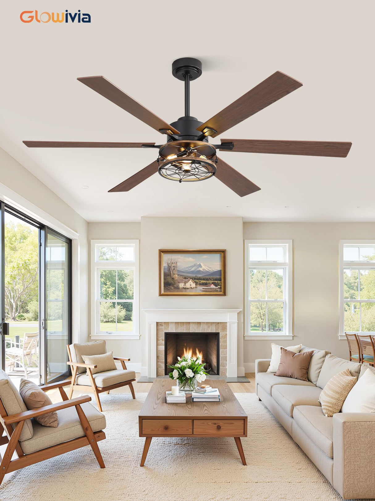 Glowivia 60 Inch Farmhouse Ceiling Fans with Lights and Remote,Black Industrial Caged Plug in Ceiling Fan with 6 Speeds and Reversible DC Motor,Double-Sided 6 Blades for Bedroom Living Room Garage Glowivia