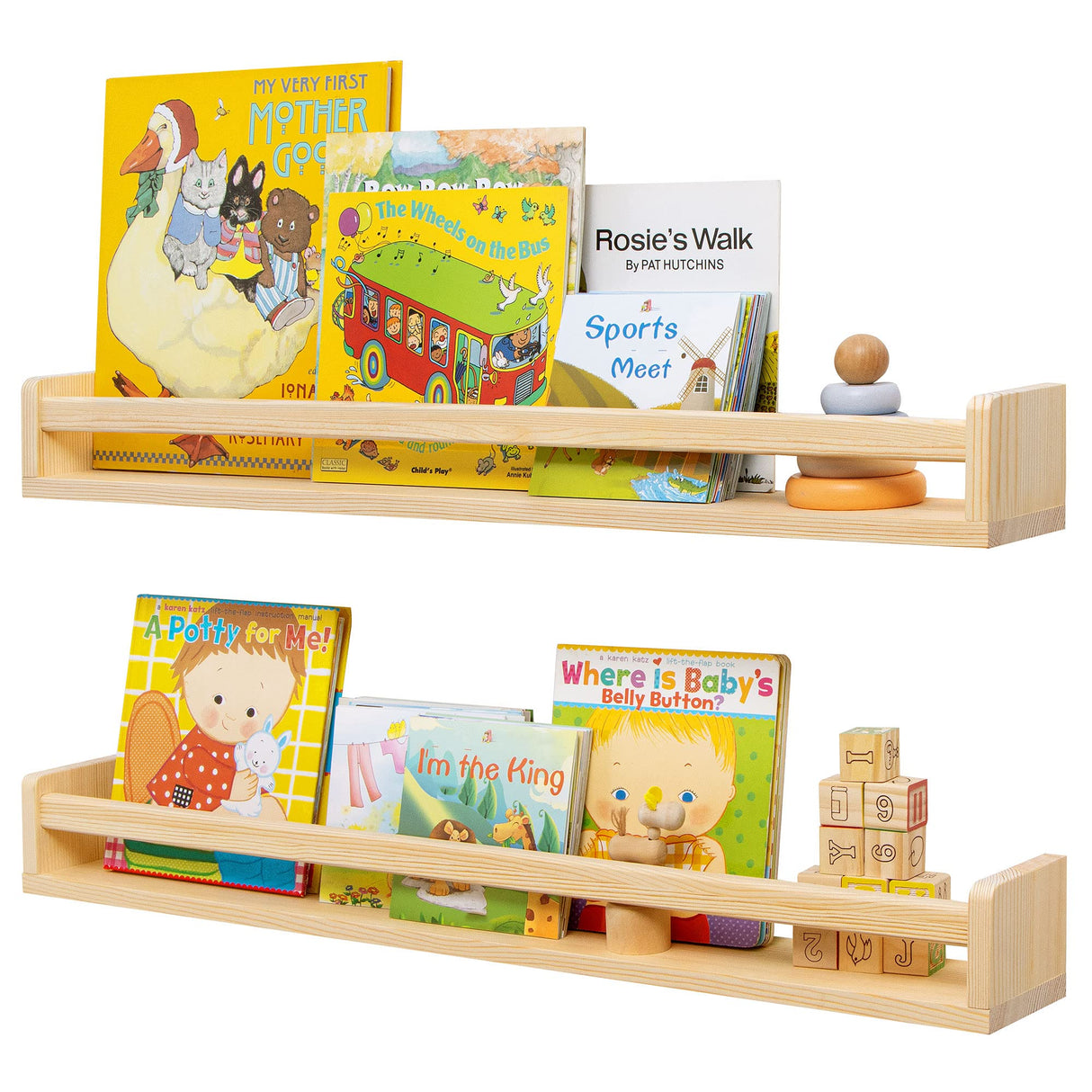 Fun Memories Nursery Book Shelves - Rustic Natural Solid Wood Floating Bookshelf for Kids - Wall Book Shelves for Kids Room (Natural, 32inch - 2P) Fun Memories
