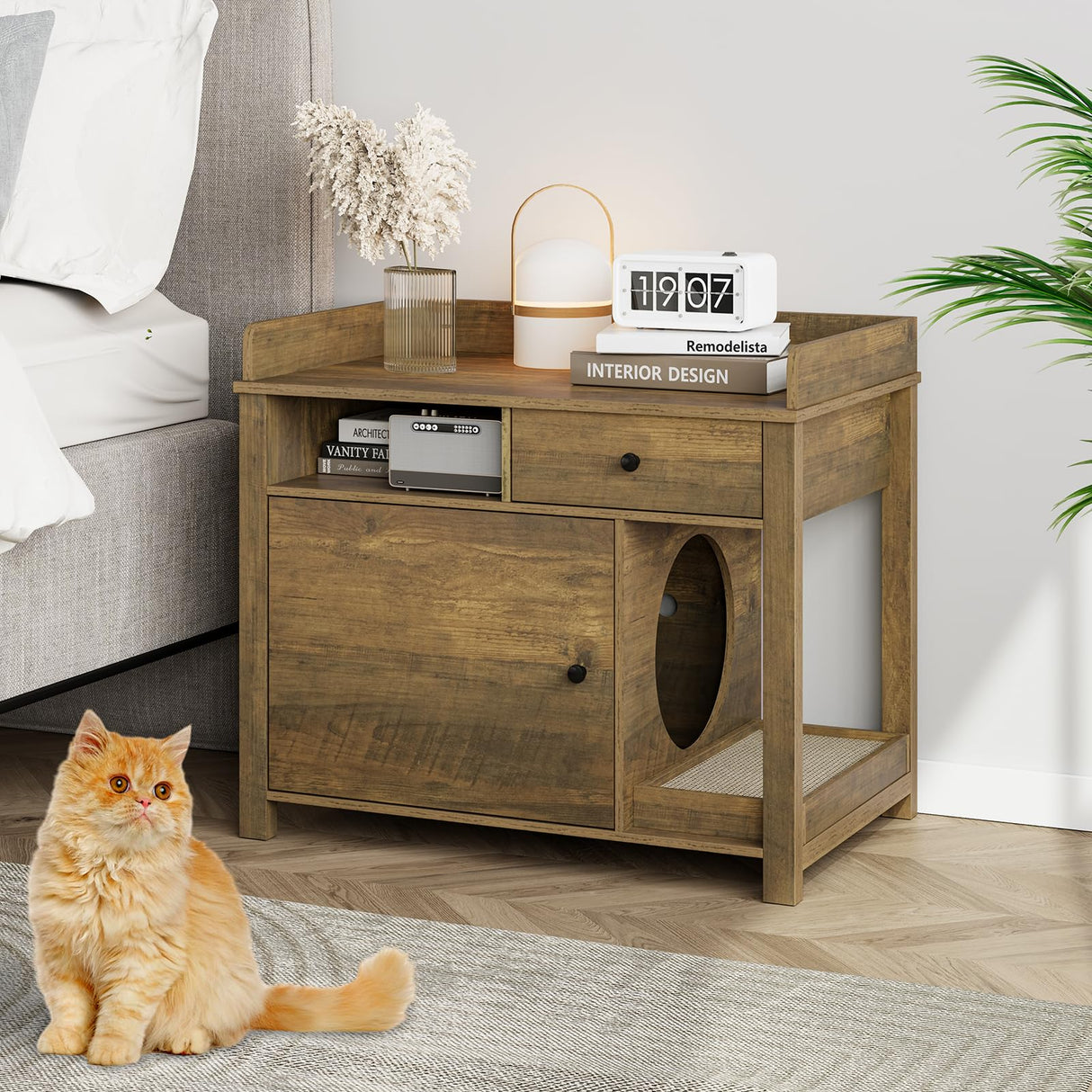 Cat Litter Box Enclosure Furniture,Llitter Box Enclosure with Shelves and Scratcher,Wooden Cat Litter Cabinet with Drawer,Cat Furniture Litter Box Lomojo